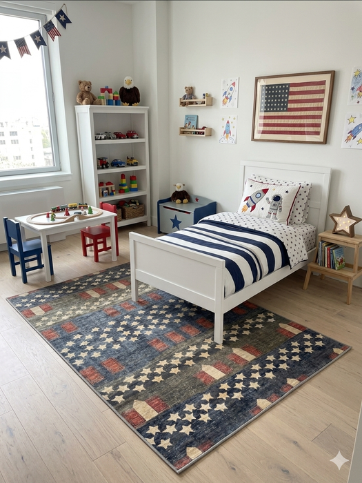 4' x 6' Rectangular Blue & Red Stars Striped Patriotic Area Rug styled in a patriotic kids bedroom.