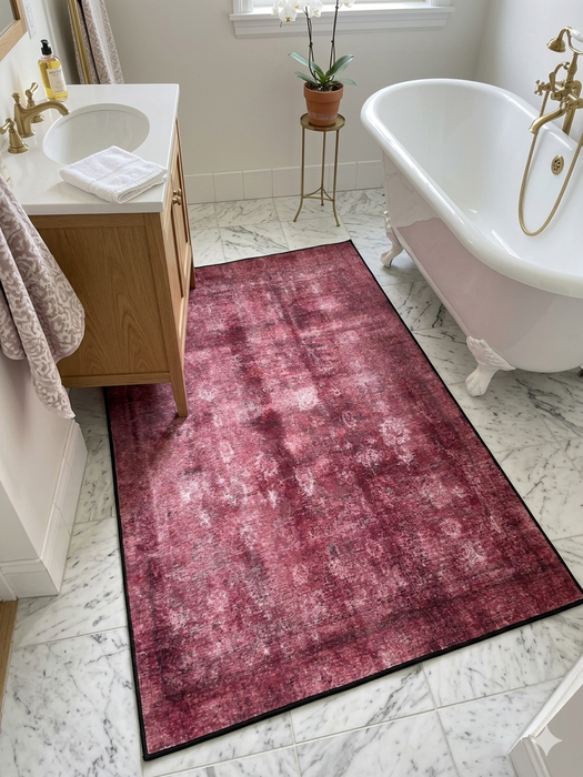 4' x 6' Rectangular Fuchsia Pink Distressed Abstract Modern Area Rug styled in a bright modern bathroom with marble floors and a freestanding tub.