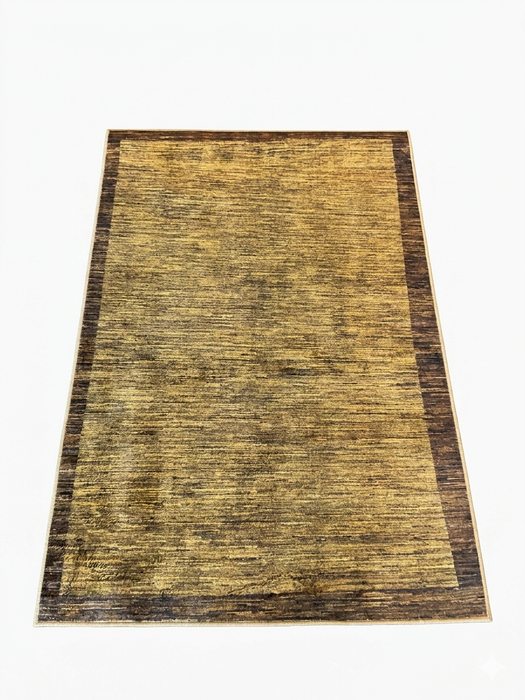 4' x 6' Rectangular Gold Brown Textured Border Modern Area Rug isolated on a white background.