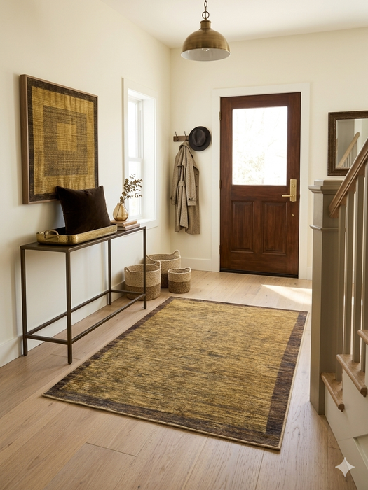 4' x 6' Rectangular Gold & Brown Textured Border Modern Area Rug placed in an elegant entryway hallway.