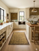 4' x 6' Rectangular Gold & Brown Textured Border Modern Area Rug styled in a bright contemporary kitchen.