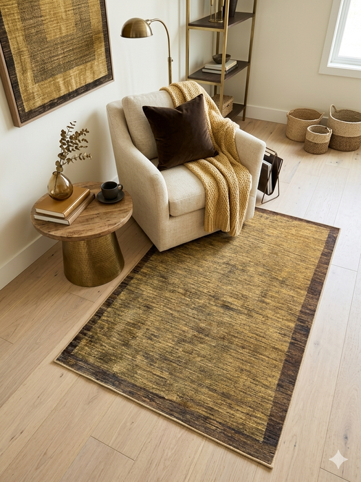 4' x 6' Rectangular Gold & Brown Textured Border Modern Area Rug styled in a cozy reading nook.