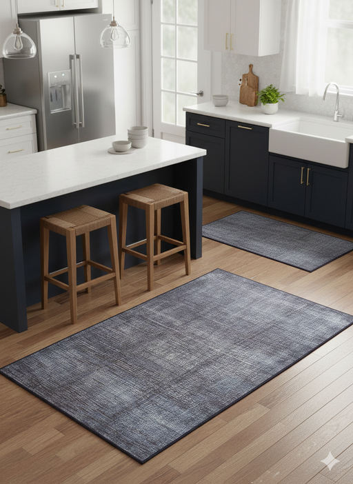 4' x 6' Rectangular Gray & Charcoal Textured Modern Washable Area Rug  placed in kitchen area.