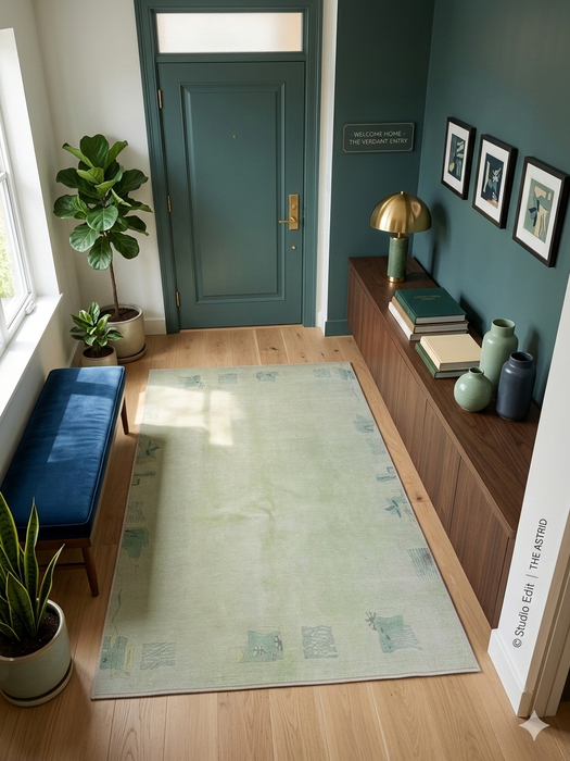 4' x 6' Rectangular Mint Green & Blue Gray Abstract Modern Area Rug styled in a modern entryway with console table and indoor plants.
