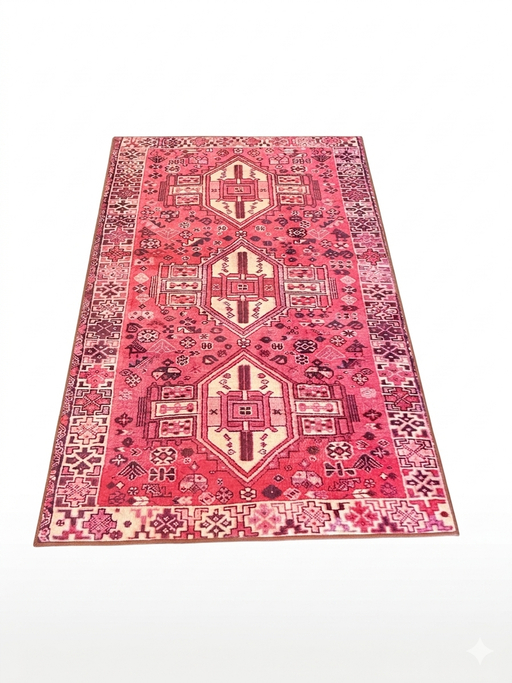 4' x 6' Rectangular Pink & Ivory Tribal Geometric Southwestern Area Rug isolated on a white background.