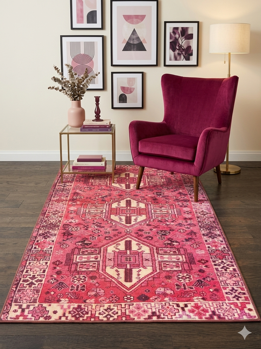 4' x 6' Rectangular Pink & Ivory Tribal Geometric Southwestern Area Rug placed in a stylish reading nook with a magenta accent chair and modern wall art.