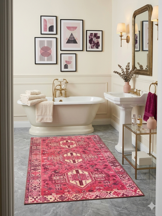 4' x 6' Rectangular Pink & Ivory Tribal Geometric Southwestern Area Rug showcased in an elegant bathroom with gold fixtures and blush accents.