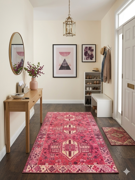 4' x 6' Rectangular Pink & Ivory Tribal Geometric Southwestern Area Rug styled in a bright entryway with a wooden console table and contemporary decor.