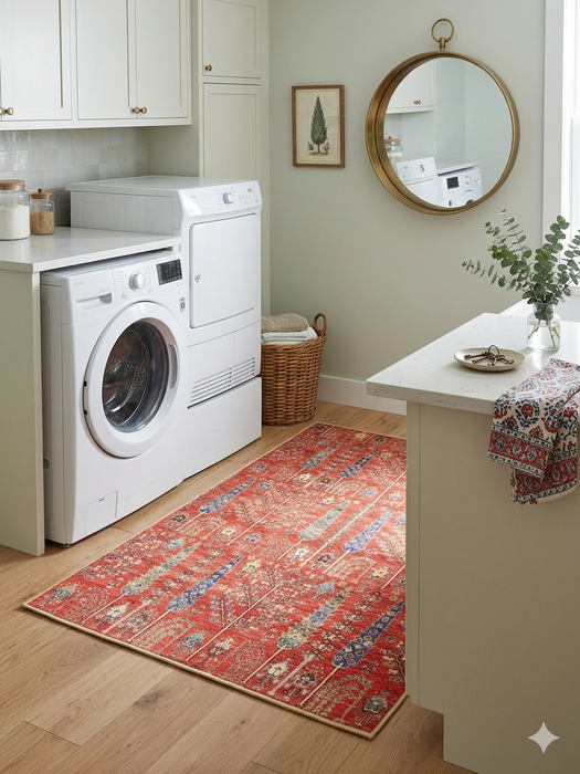 4' x 6' Rectangular Red & Blue Tree of Life Traditional Washable Area Rug placed in a bright laundry room on light wood floors.