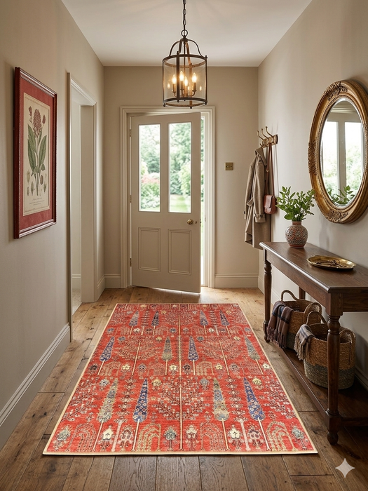 4' x 6' Rectangular Red & Blue Tree of Life Traditional Washable Area Rug placed in a welcoming entryway beside a wooden console table.
