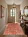 4' x 6' Rectangular Red & Blue Tree of Life Traditional Washable Area Rug placed in a welcoming entryway beside a wooden console table.
