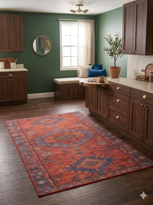 4' x 6' Rectangular Rust Red & Blue Tribal Geometric Medallion Traditional Area Rug styled in a kitchen with cabinetry and a window seat.