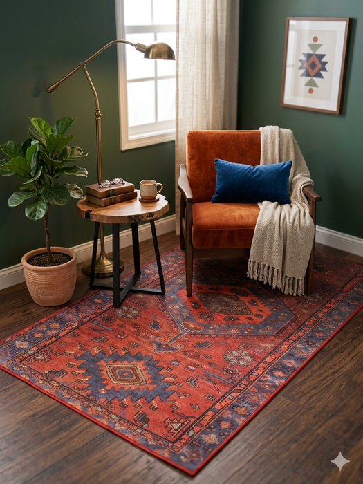 4' x 6' Rectangular Rust Red & Blue Tribal Geometric Medallion Traditional Area Rug styled in a reading nook with an accent chair and side table.