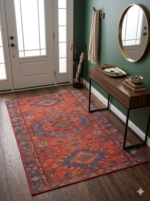 4' x 6' Rectangular Rust Red & Blue Tribal Geometric Medallion Traditional Area Rug styled in an entryway with a console table and wall mirror.