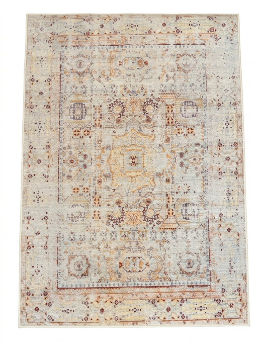 4' x 6' rectangular ivory multicolor distressed floral medallion traditional area rug isolated on a white background.