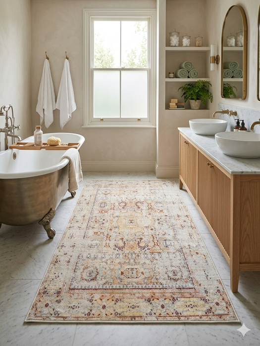 4' x 6' rectangular ivory multicolor distressed floral medallion traditional area rug styled in a bright bathroom with a freestanding tub and double vanity.