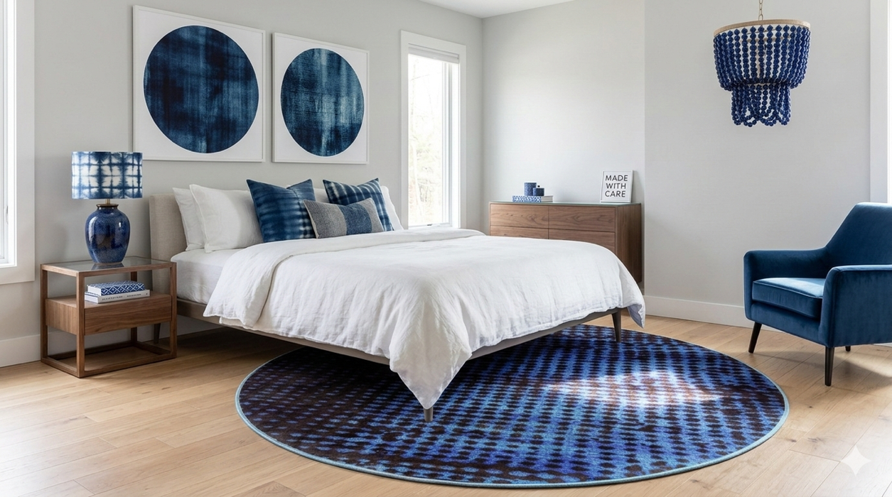 5' Round Blue & Light Blue Abstract Modern Area Rug placed in a contemporary bedroom with blue décor and wood flooring.