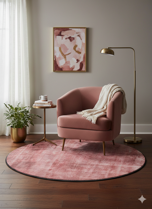 5' Round Blush Pink & Rose Solid Modern Area Rug placed in a cozy reading nook with a blush accent chair, brass floor lamp, and framed abstract wall art.