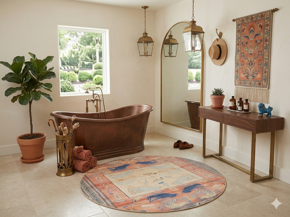 5' Round Peach & Blue Animal Motif Traditional Area Rug styled in a bathroom with a freestanding tub and vanity.
