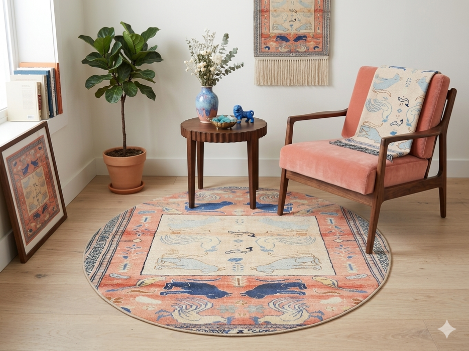 5' Round Peach & Blue Animal Motif Traditional Area Rug styled in a cozy reading nook with an accent chair and side table.