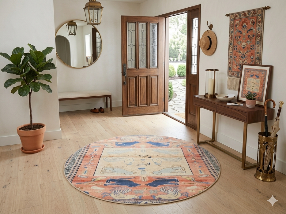 5' Round Peach & Blue Animal Motif Traditional Area Rug styled in an entryway with a console table and wall mirror.