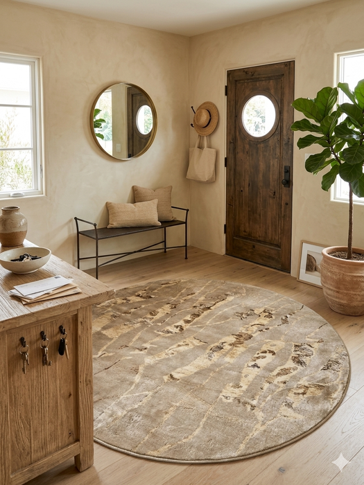 5' round beige & ivory marble abstract modern area rug styled in a welcoming entryway with rustic wood accents and soft neutral tones.