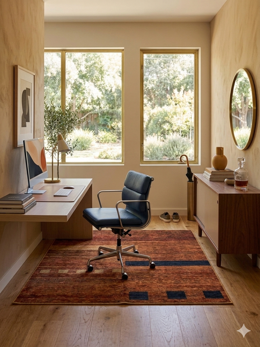 5' x 5' Square Rust & Black Abstract Geometric Modern Area Rug featured in a modern home office with a sleek wooden desk and blue office chair.