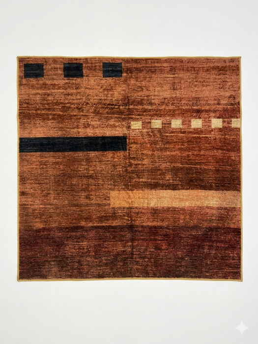 5' x 5' Square Rust & Black Abstract Geometric Modern Area Rug isolated on a white background.