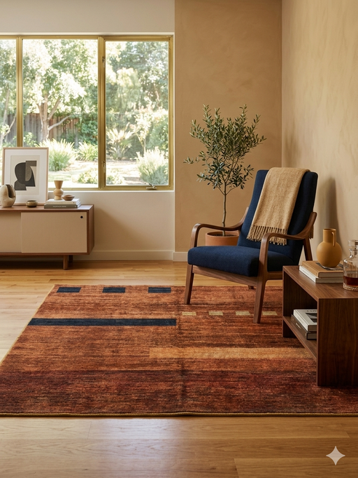 5' x 5' Square Rust & Black Abstract Geometric Modern Area Rug placed in a contemporary living room with warm wood furniture and a navy accent chair.