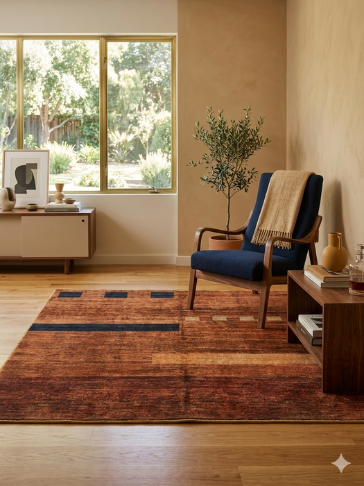 5' x 5' Square Rust & Black Abstract Geometric Modern Area Rug placed in a contemporary living room with warm wood furniture and a navy accent chair.