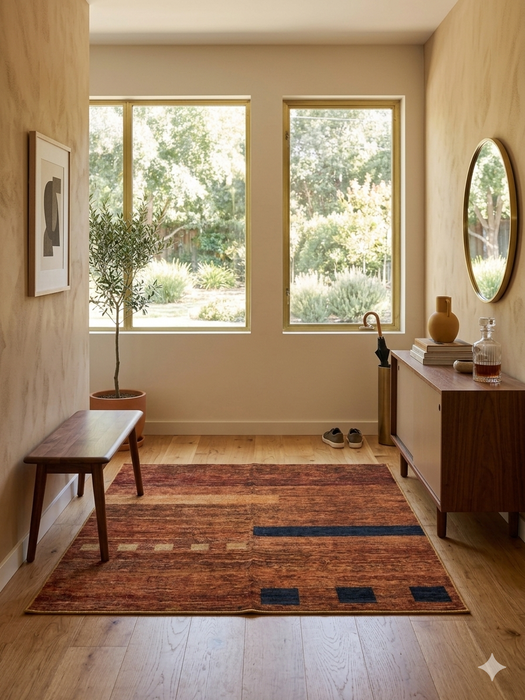 5' x 5' Square Rust & Black Abstract Geometric Modern Area Rug styled in a bright entryway with minimalist decor and natural light.
