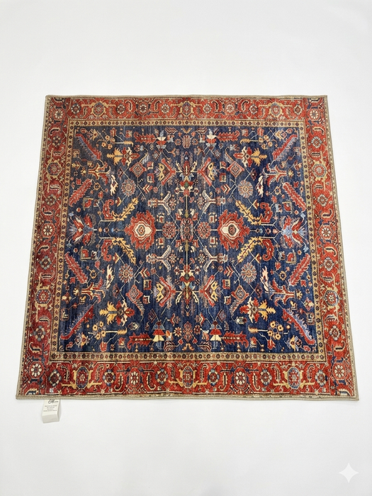 5' x 5' square navy blue & red floral medallion traditional area rug isolated on a white background.