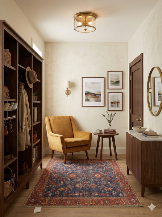 5' x 5' square navy blue & red floral medallion traditional area rug placed in a cozy entryway with a mustard accent chair, wood shelving, and warm lighting.