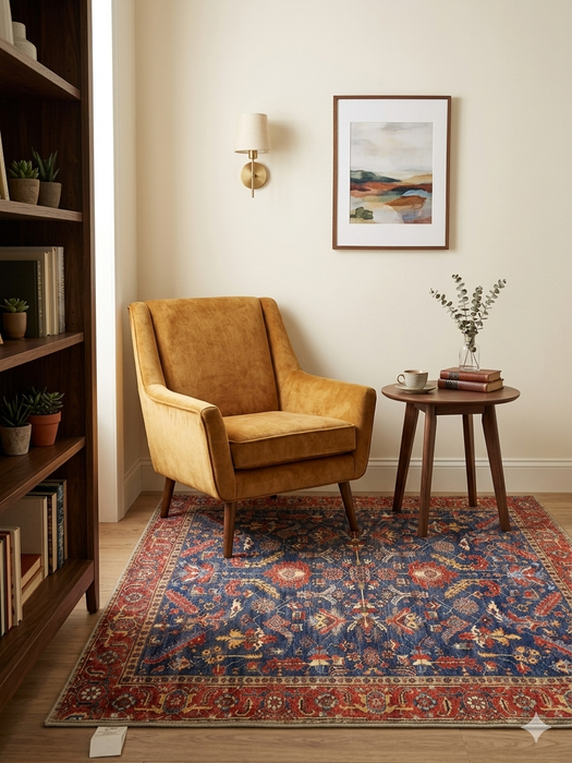 5' x 5' square navy blue & red floral medallion traditional area rug styled in a reading nook with a mid-century chair, side table, and neutral wall art.