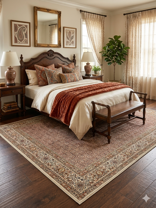 5' x 7' Rectangular Beige & Brown Floral Traditional Washable Area Rug placed in a classic bedroom beneath a wooden bed.