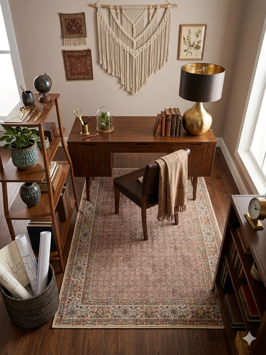 5' x 7' Rectangular Beige & Brown Floral Traditional Washable Area Rug placed in a warm home office beneath a wooden desk.