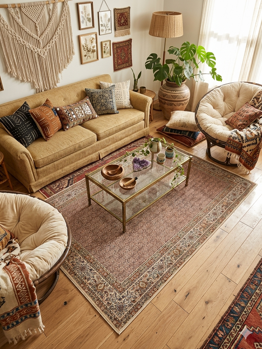 5' x 7' Rectangular Beige & Brown Floral Traditional Washable Area Rug styled in a cozy bohemian living room under a glass coffee table.