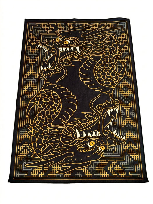 5' x 7' Rectangular Black & Gold Dragon Graphic Oriental Modern Washable Area Rug isolated on a white background.