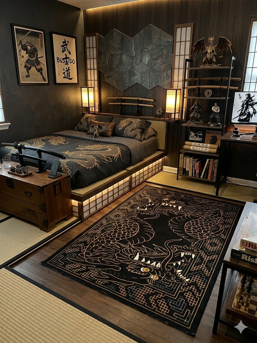 5' x 7' Rectangular Black & Gold Dragon Graphic Oriental Modern Washable Area Rug styled in a Japanese-inspired bedroom with dark wood tones and ambient lighting.