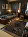 5' x 7' Rectangular Black & Gold Dragon Graphic Oriental Modern Washable Area Rug styled in a Japanese-inspired bedroom with dark wood tones and ambient lighting.