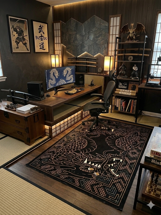 5' x 7' Rectangular Black & Gold Dragon Graphic Oriental Modern Washable Area Rug styled in a gaming or home office with a modern desk setup and Asian-inspired decor.