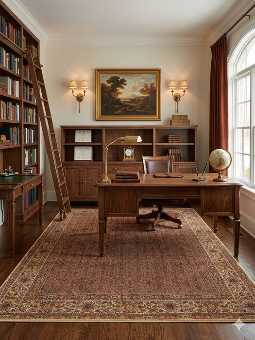 5' x 7' Rectangular Brown & Beige Floral Traditional Washable Area Rug styled in a traditional home office beneath a wooden executive desk.
