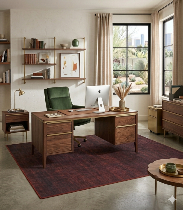 5' x 7' Rectangular Burgundy Red Distressed Solid Modern Washable Area Rug styled in a home office with a wood desk and modern furnishings.