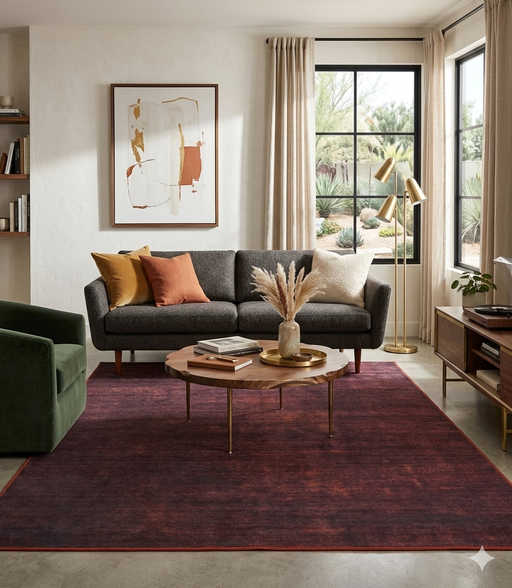 5' x 7' Rectangular Burgundy Red Distressed Solid Modern Washable Area Rug styled in a living room with a gray sofa and mid-century decor.