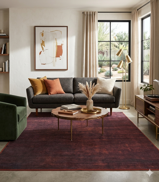 5' x 7' Rectangular Burgundy Red Distressed Solid Modern Washable Area Rug styled in a living room with a gray sofa and mid-century decor.