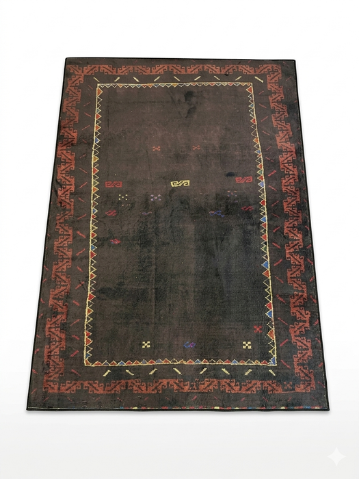 5' x 7' Rectangular Charcoal & Red Minimalist Tribal Border Modern Area Rug styled in a home office with a wooden desk and modern seating.