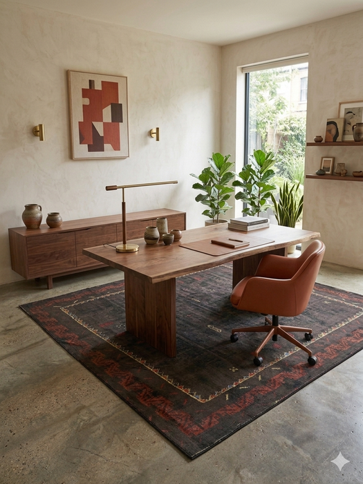 5' x 7' Rectangular Charcoal & Red Minimalist Tribal Border Modern Area Rug styled in a home office with a wooden desk and modern seating.