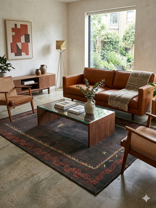5' x 7' Rectangular Charcoal & Red Minimalist Tribal Border Modern Area Rug styled in a living room with a leather sofa, accent chairs, and natural light.