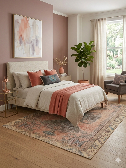 5' x 7' Rectangular Coral & Beige Tribal Medallion Distressed Traditional Area Rug placed in a warm bedroom beneath a bed with soft neutral décor.