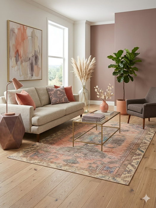 5' x 7' Rectangular Coral & Beige Tribal Medallion Distressed Traditional Area Rug styled in a cozy living room with sofa, armchair, and glass coffee table.